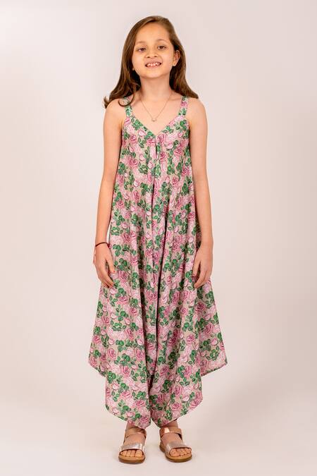 Pasha India_Green Cotton, Rayon Gardenia Print Asymmetric Palazzo Jumpsuit _at_Aza_Fashions