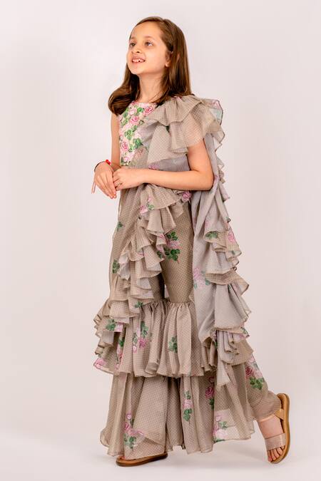 Pasha India_Green Organza, Polka Mania Print Pre-draped Ruffle Sharara Saree With Blouse _Online_at_Aza_Fashions