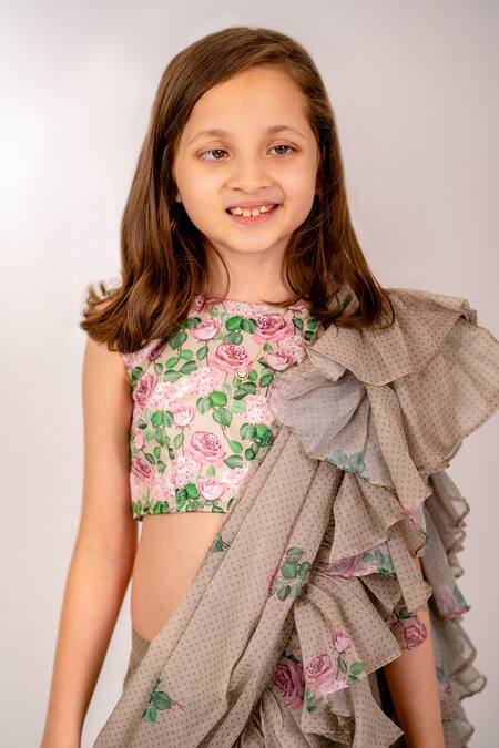 Buy_Pasha India_Green Organza, Polka Mania Print Pre-draped Ruffle Sharara Saree With Blouse _Online_at_Aza_Fashions