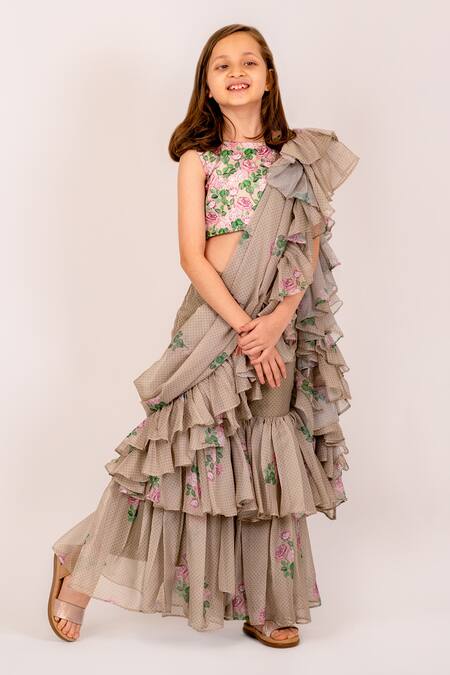 Shop_Pasha India_Green Organza, Polka Mania Print Pre-draped Ruffle Sharara Saree With Blouse _Online_at_Aza_Fashions