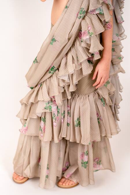 Pasha India_Green Organza, Polka Mania Print Pre-draped Ruffle Sharara Saree With Blouse _at_Aza_Fashions