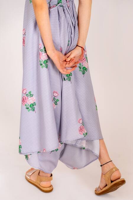 Pasha India_Blue Cotton, Rayon Polka Petunia Print Palazzo Jumpsuit _at_Aza_Fashions