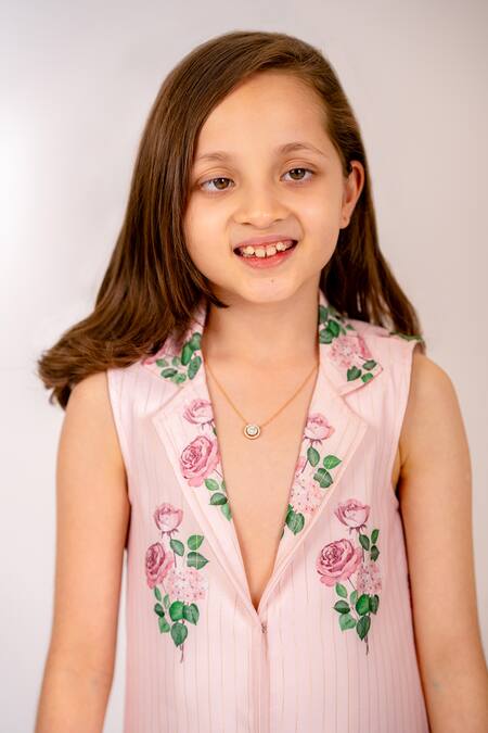 Shop_Pasha India_Pink Cotton Embroidery Striped Blossom Blazer And Pant Set _Online_at_Aza_Fashions