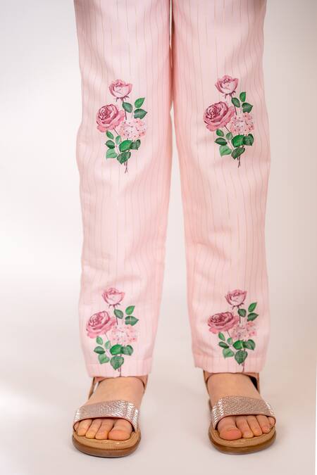 Pasha India_Pink Cotton Embroidery Striped Blossom Blazer And Pant Set _at_Aza_Fashions