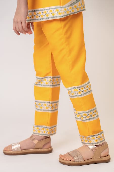 Shop_Pasha India_Yellow Cotton, Rayon Embroidery Golden Hour Bloom Print Blazer With Pant _Online_at_Aza_Fashions