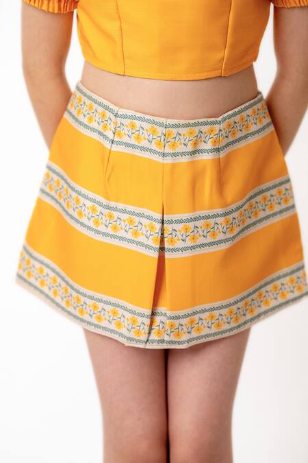Buy_Pasha India_Yellow Cotton, Striped Fleur Art Print Mini Skirt With Puffed Sleeves Crop Top _Online_at_Aza_Fashions