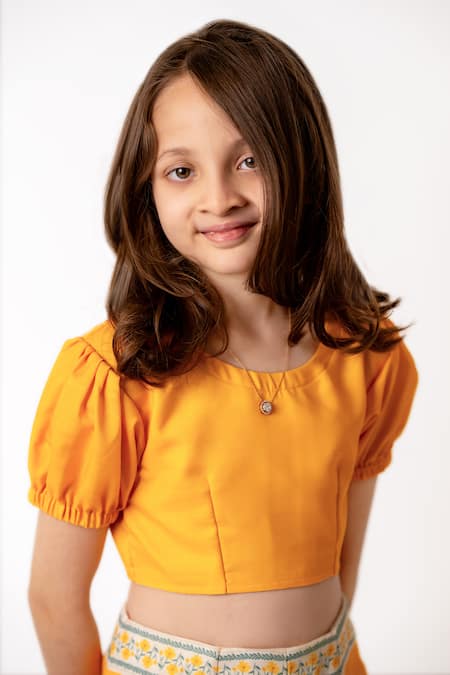 Pasha India_Yellow Cotton, Striped Fleur Art Print Mini Skirt With Puffed Sleeves Crop Top _at_Aza_Fashions