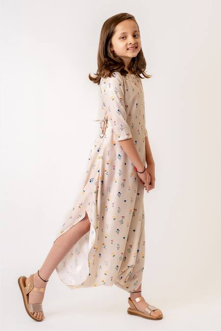 Pasha India_Beige Cotton, Rayon Ditsy Fleur Print Dhoti Jumpsuit _Online_at_Aza_Fashions