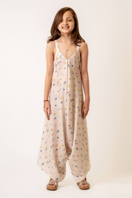 Pasha India_Beige Cotton, Rayon Ditsy Bloom Print Palazzo Jumpsuit _Online_at_Aza_Fashions