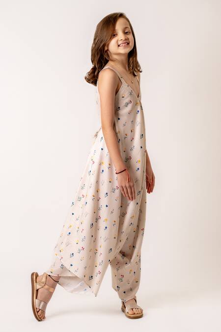 Shop_Pasha India_Beige Cotton, Rayon Ditsy Bloom Print Palazzo Jumpsuit _Online_at_Aza_Fashions