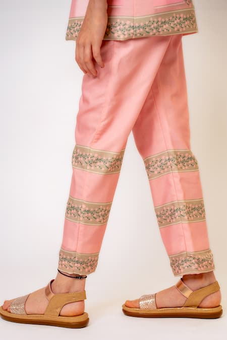 Shop_Pasha India_Pink Cotton, Rayon Embroidery Cherry Blossom Stripe Art Print Blazer With Pant _Online_at_Aza_Fashions