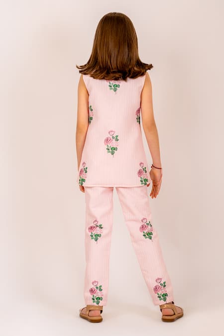 Shop_Pasha India_Pink Cotton Embroidery Striped Blossom Blazer And Pant Set _at_Aza_Fashions