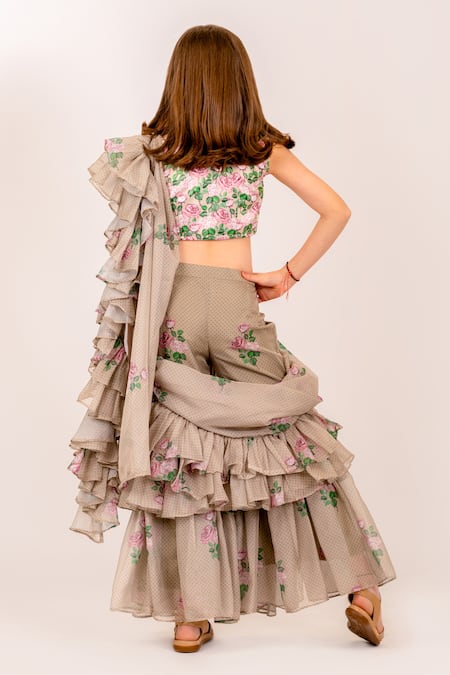 Shop_Pasha India_Green Organza, Polka Mania Print Pre-draped Ruffle Sharara Saree With Blouse _at_Aza_Fashions