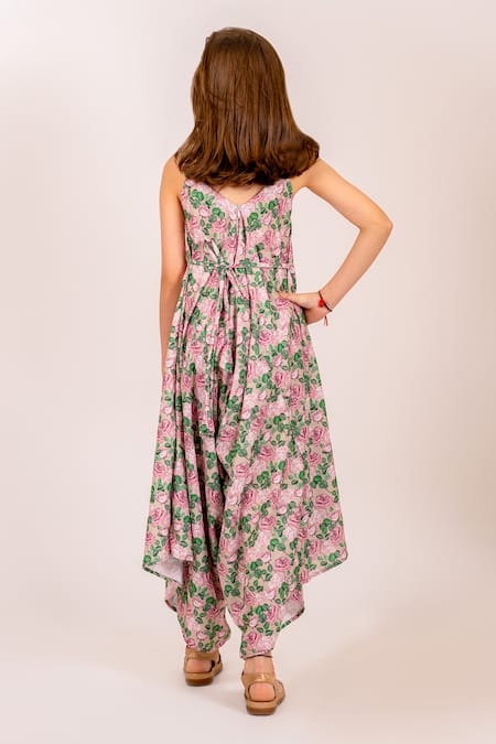 Shop_Pasha India_Green Cotton, Rayon Gardenia Print Asymmetric Palazzo Jumpsuit _at_Aza_Fashions