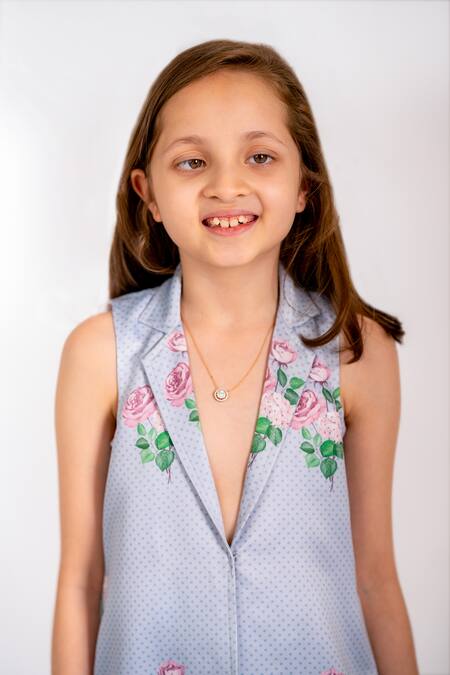 Pasha India_Blue Denim, Satin Embroidery Polka Blossom Print Blazer And Pant Set _Online_at_Aza_Fashions