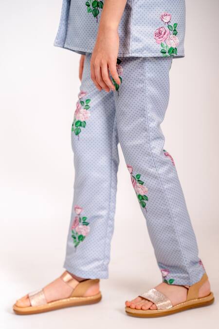 Shop_Pasha India_Blue Denim, Satin Embroidery Polka Blossom Print Blazer And Pant Set _Online_at_Aza_Fashions