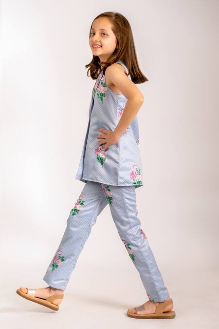 Pasha India_Blue Denim, Satin Embroidery Polka Blossom Print Blazer And Pant Set _at_Aza_Fashions