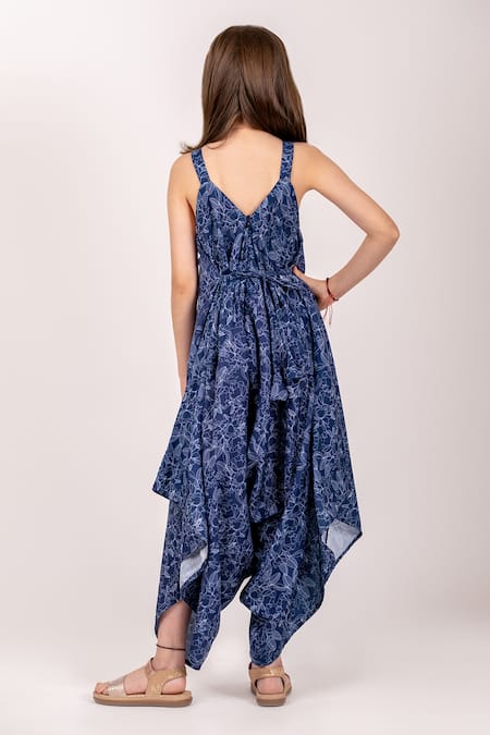 Shop_Pasha India_Blue Cotton, Rayon Embroidery Asymmetric Palazzo Floral Print Jumpsuit _at_Aza_Fashions