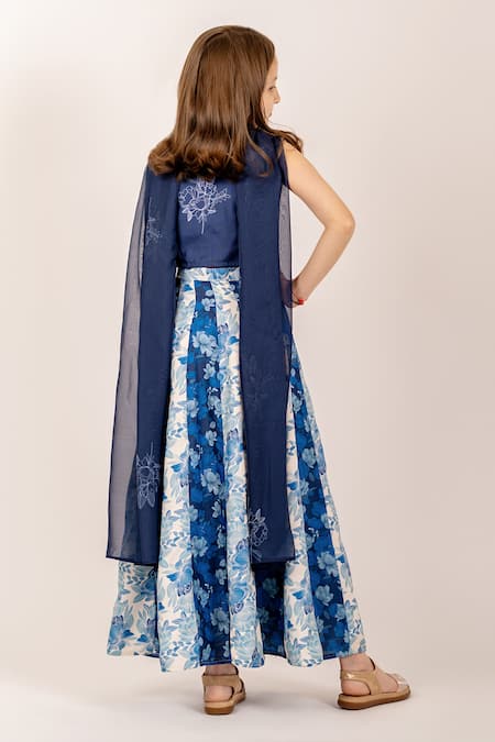 Shop_Pasha India_Blue Cotton, Rayon, Organza Embroidery Iris Flora Print Kali Lehenga Set _at_Aza_Fashions