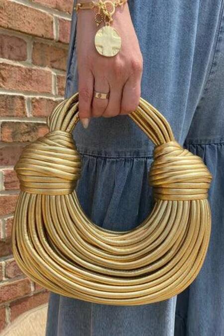 Pine And Drew_Gold Checkered Woven Iris Pure Leather Crescent Bag_Online_at_Aza_Fashions