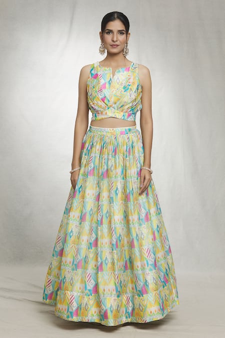 Naintara Bajaj_Yellow Georgette Lace Split V-neck Geometric Abstract Print Cape Lehenga Set _Online_at_Aza_Fashions