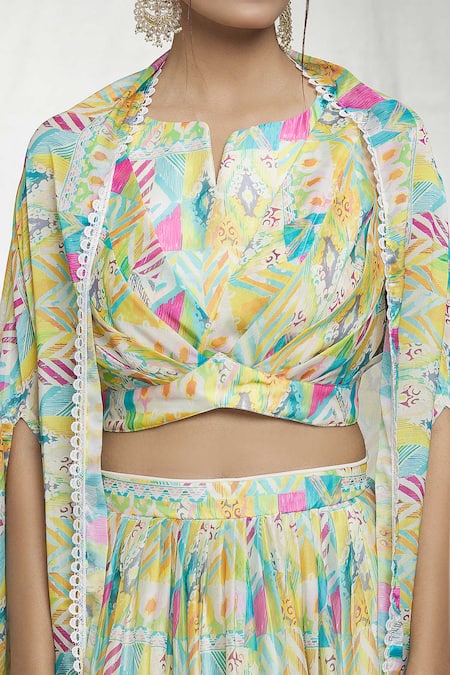 Shop_Naintara Bajaj_Yellow Georgette Lace Split V-neck Geometric Abstract Print Cape Lehenga Set _Online_at_Aza_Fashions