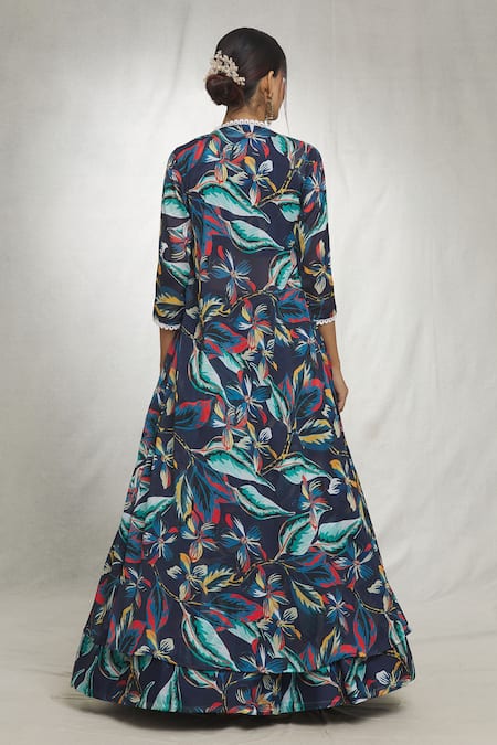 Shop Samyukta Singhania Blue Georgette Lace Split V-neck Foliage Print Cape Lehenga Set at Aza Fashions Shop_Samyukta Singhania_Blue Georgette Lace Split V-neck Foliage Print Cape Lehenga Set_at_Aza_Fashions