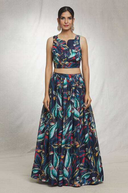 Samyukta Singhania Blue Georgette Lace Split V-neck Foliage Print Cape Lehenga Set Online at Aza Fashions Samyukta Singhania_Blue Georgette Lace Split V-neck Foliage Print Cape Lehenga Set_Online_at_Aza_Fashions
