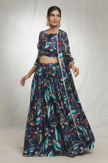 Buy Samyukta Singhania Blue Georgette Lace Split V-neck Foliage Print Cape Lehenga Set Online at Aza Fashions Buy_Samyukta Singhania_Blue Georgette Lace Split V-neck Foliage Print Cape Lehenga Set_Online_at_Aza_Fashions