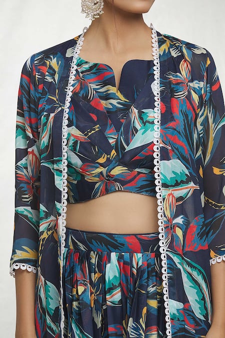 Shop Samyukta Singhania Blue Georgette Lace Split V-neck Foliage Print Cape Lehenga Set Online at Aza Fashions Shop_Samyukta Singhania_Blue Georgette Lace Split V-neck Foliage Print Cape Lehenga Set_Online_at_Aza_Fashions