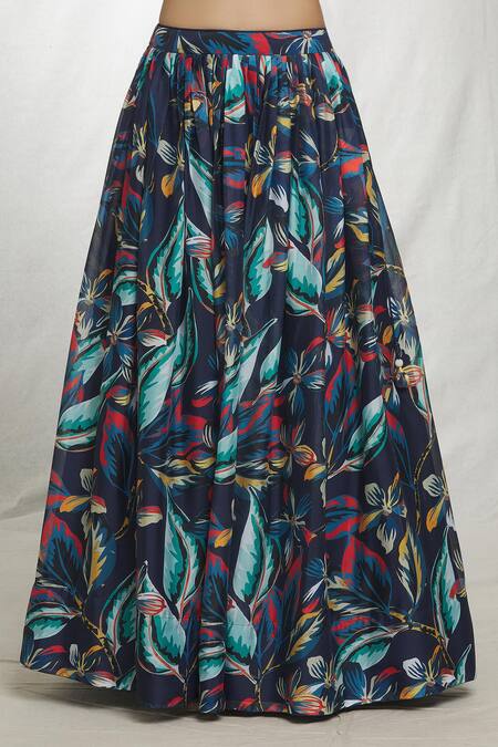 Samyukta Singhania Blue Georgette Lace Split V-neck Foliage Print Cape Lehenga Set at Aza Fashions Samyukta Singhania_Blue Georgette Lace Split V-neck Foliage Print Cape Lehenga Set_at_Aza_Fashions