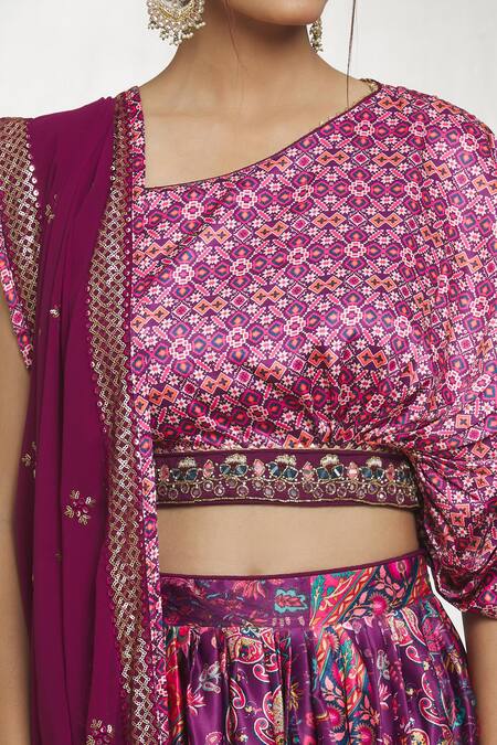 Shop Samyukta Singhania Purple Georgette, Denim Sequins, Embroidery Paisley Geometric Print Lehenga Set Online at Aza Fashions Shop_Samyukta Singhania_Purple Georgette, Denim Sequins, Embroidery Paisley Geometric Print Lehenga Set_Online_at_Aza_Fashions