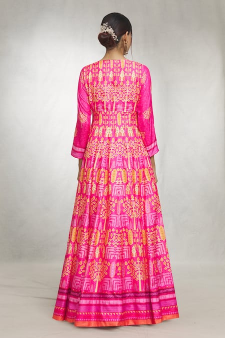 Shop_Samyukta Singhania_Pink Chiffon Embroidery Round Neck Foliage Print Anarkali With Dupatta _at_Aza_Fashions
