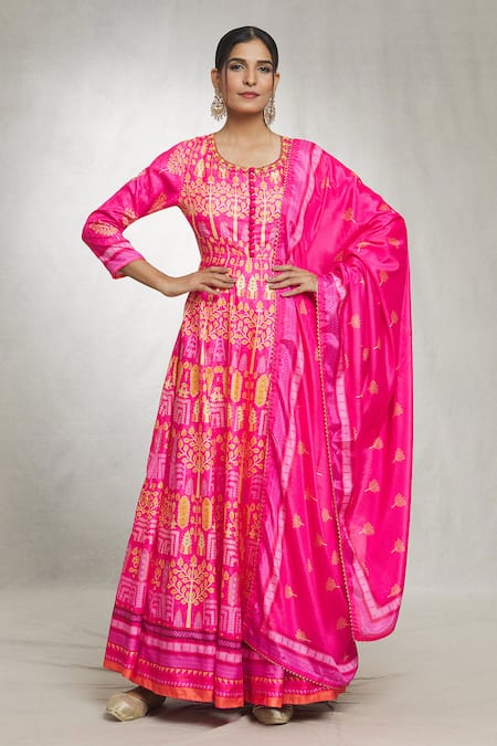 Buy_Samyukta Singhania_Pink Chiffon Embroidery Round Neck Foliage Print Anarkali With Dupatta _Online_at_Aza_Fashions