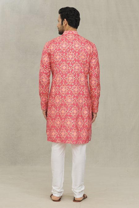 Shop Arihant Rai Sinha Red Cotton Embroidery Geometric Bandhani Print Kurta at Aza Fashions Shop_Arihant Rai Sinha_Red Cotton Embroidery Geometric Bandhani Print Kurta _at_Aza_Fashions