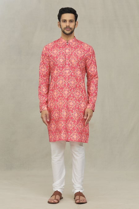 Arihant Rai Sinha Red Cotton Embroidery Geometric Bandhani Print Kurta Online at Aza Fashions Arihant Rai Sinha_Red Cotton Embroidery Geometric Bandhani Print Kurta _Online_at_Aza_Fashions