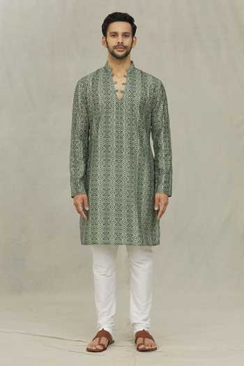 Arihant Rai Sinha Green Jacquard Diamond Jaal Print Kurta Online at Aza Fashions Arihant Rai Sinha_Green Jacquard Diamond Jaal Print Kurta _Online_at_Aza_Fashions