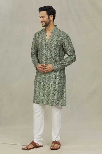 Shop Arihant Rai Sinha Green Jacquard Diamond Jaal Print Kurta Online at Aza Fashions Shop_Arihant Rai Sinha_Green Jacquard Diamond Jaal Print Kurta _Online_at_Aza_Fashions