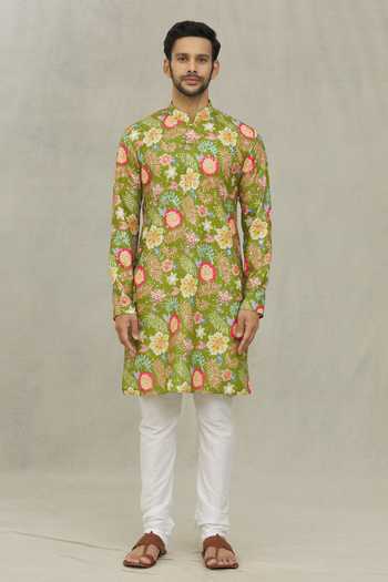 Arihant Rai Sinha_Green Cotton Foil Printing Floral Bloom Kurta _Online_at_Aza_Fashions