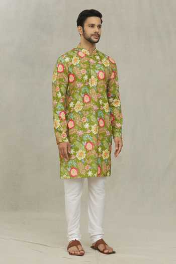 Buy_Arihant Rai Sinha_Green Cotton Foil Printing Floral Bloom Kurta _Online_at_Aza_Fashions