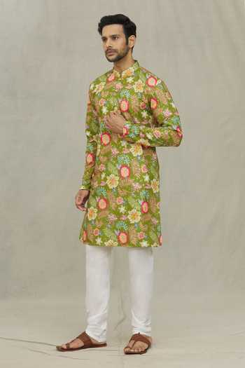 Shop_Arihant Rai Sinha_Green Cotton Foil Printing Floral Bloom Kurta _Online_at_Aza_Fashions