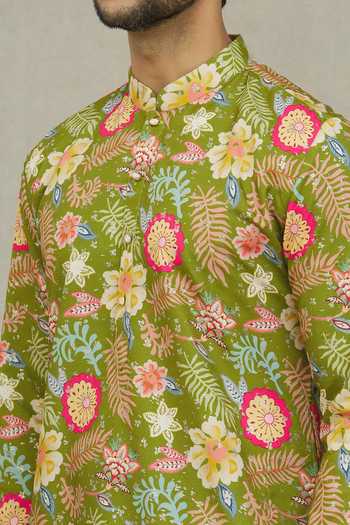 Arihant Rai Sinha_Green Cotton Foil Printing Floral Bloom Kurta _at_Aza_Fashions