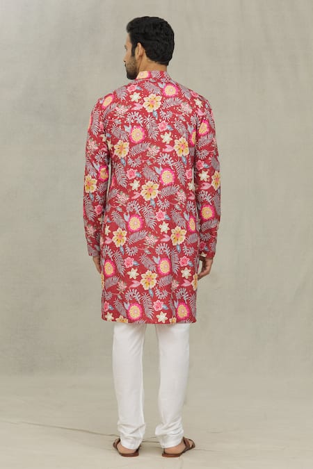 Shop Arihant Rai Sinha Red Cotton Embroidery Floret And Foil Print Kurta at Aza Fashions Shop_Arihant Rai Sinha_Red Cotton Embroidery Floret And Foil Print Kurta _at_Aza_Fashions