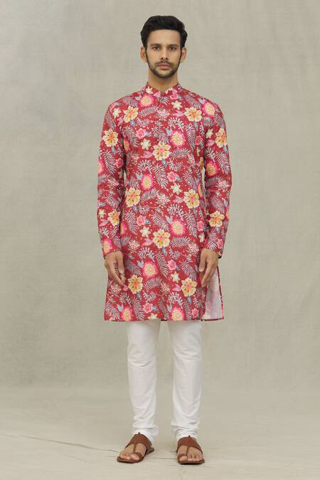 Arihant Rai Sinha Red Cotton Embroidery Floret And Foil Print Kurta Online at Aza Fashions Arihant Rai Sinha_Red Cotton Embroidery Floret And Foil Print Kurta _Online_at_Aza_Fashions