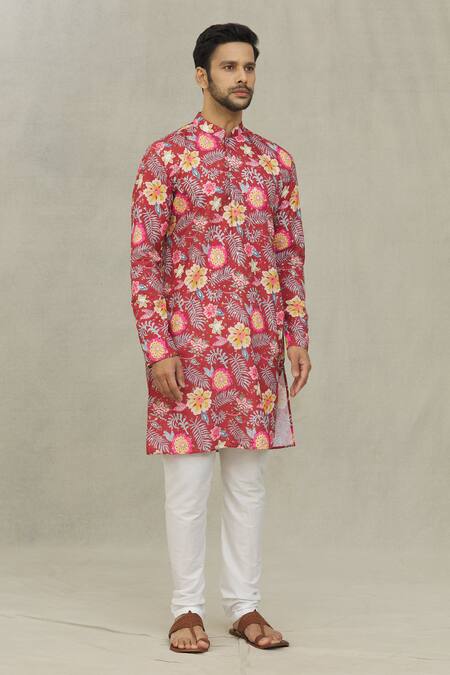 Buy Arihant Rai Sinha Red Cotton Embroidery Floret And Foil Print Kurta Online at Aza Fashions Buy_Arihant Rai Sinha_Red Cotton Embroidery Floret And Foil Print Kurta _Online_at_Aza_Fashions