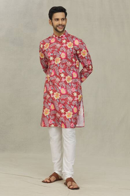 Shop Arihant Rai Sinha Red Cotton Embroidery Floret And Foil Print Kurta Online at Aza Fashions Shop_Arihant Rai Sinha_Red Cotton Embroidery Floret And Foil Print Kurta _Online_at_Aza_Fashions