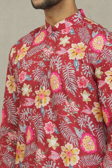 Arihant Rai Sinha Red Cotton Embroidery Floret And Foil Print Kurta at Aza Fashions Arihant Rai Sinha_Red Cotton Embroidery Floret And Foil Print Kurta _at_Aza_Fashions