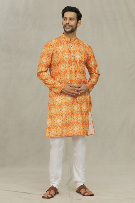 Arihant Rai Sinha Orange Soft Cotton Printed Bandhani And Foil Geometric Kurta