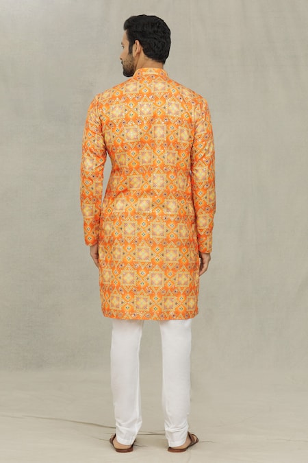 Shop Arihant Rai Sinha Orange Cotton Embroidery Bandhani Geometric Print Kurta at Aza Fashions Shop_Arihant Rai Sinha_Orange Cotton Embroidery Bandhani Geometric Print Kurta _at_Aza_Fashions