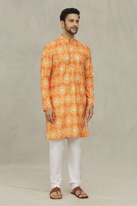 Buy Arihant Rai Sinha Orange Cotton Embroidery Bandhani Geometric Print Kurta Online at Aza Fashions Buy_Arihant Rai Sinha_Orange Cotton Embroidery Bandhani Geometric Print Kurta _Online_at_Aza_Fashions